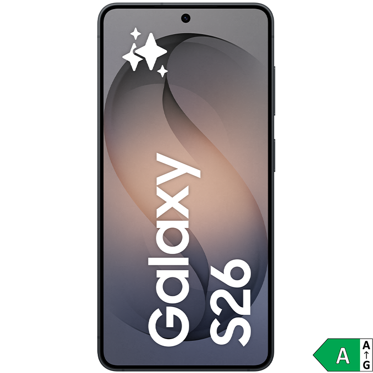 Samsung Galaxy S26 smartphone med pastellfärgad bakgrund och energimärkning A i grönt.