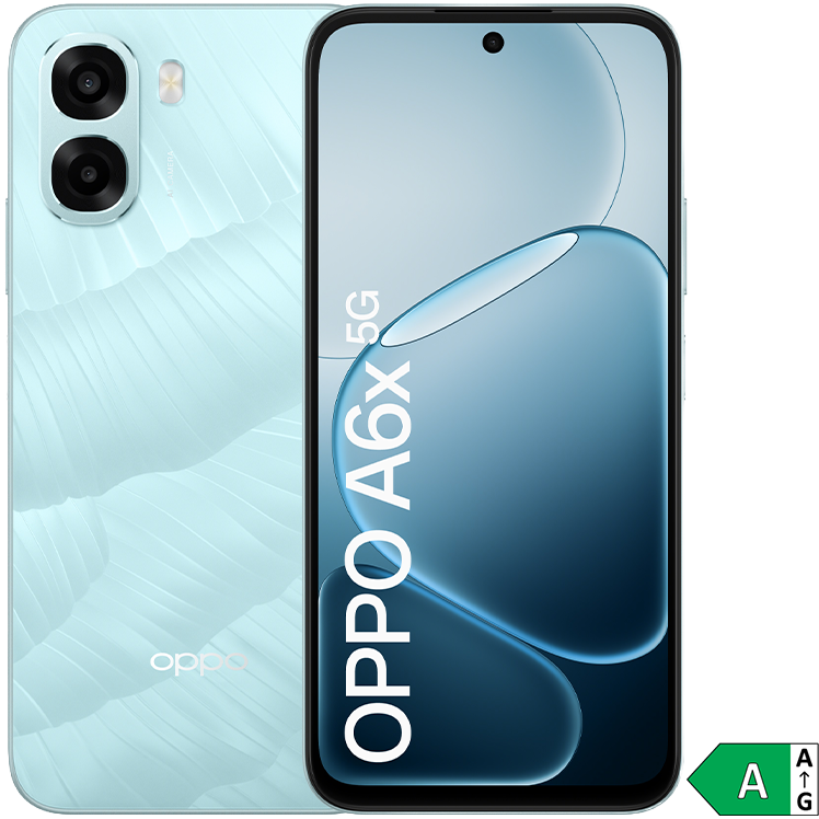 OPPO A6x 5G smartphone i ljusblå, visad framifrån och bakifrån med dubbla kameror och energiklass A-märkning.