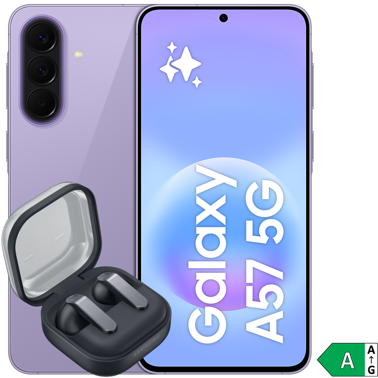 Samsung Galaxy A57 5G i lila visas framifrån och bakifrån, tillsammans med svarta trådlösa hörlurar i sitt fodral.