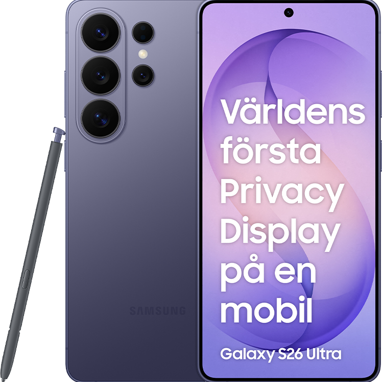 Lila Samsung Galaxy S26 Ultra med penna, visar "Världens första Privacy Display på en mobil" på skärmen.