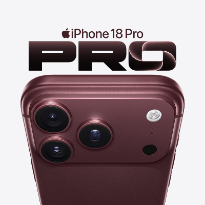 iPhone 18 Pro i mörk röd färg sedd bakifrån, med trippelkamerasystem och texten PRO ovanför.