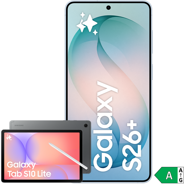 Samsung Galaxy S26+ smartphone i ljusblå tillsammans med Galaxy Tab S10 Lite surfplatta i grå, energiklass A.