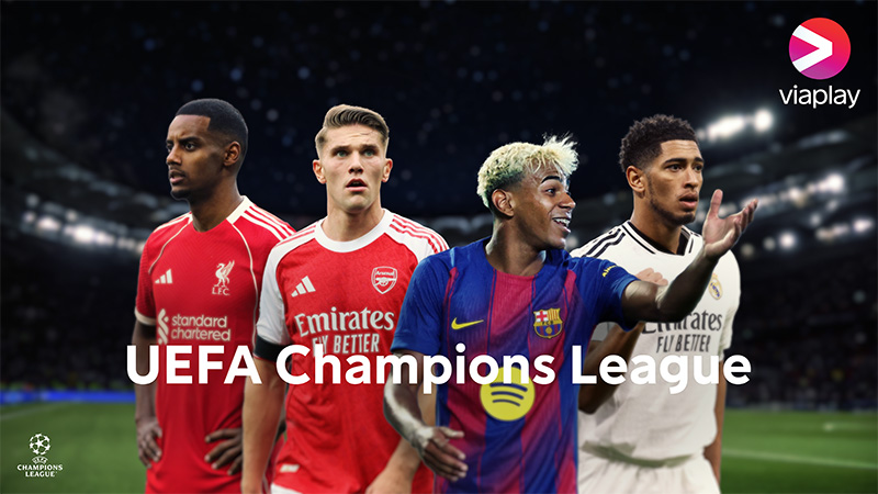 Fotbollsspelare från olika klubbar står bredvid varandra med UEFA Champions League-text och Viaplay-logotyp.