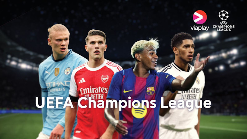 Fotbollsspelare från olika klubbar står bredvid varandra med UEFA Champions League-text och Viaplay-logotyp.