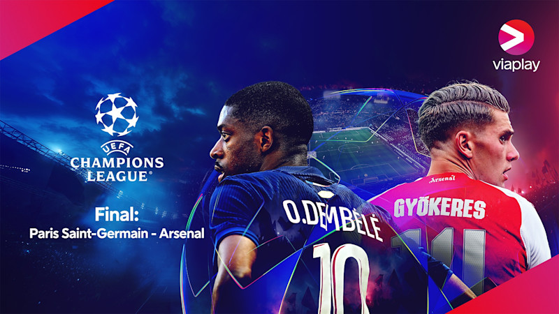 Dembélé i blå PSG-tröja och Gyökeres i röd Arsenaltröja, UEFA Champions League-final, på Viaplay.