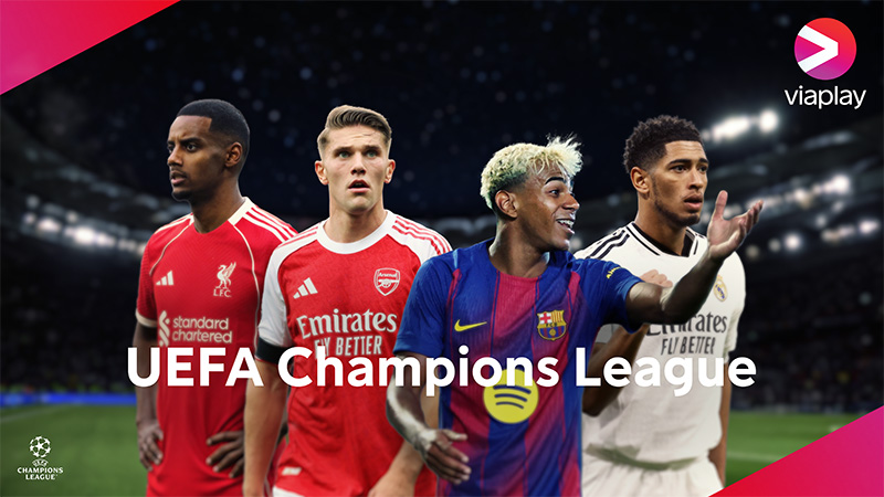 Fotbollsspelare från olika klubbar i Champions League med Viaplay-logotypen och UEFA Champions League-emblem.