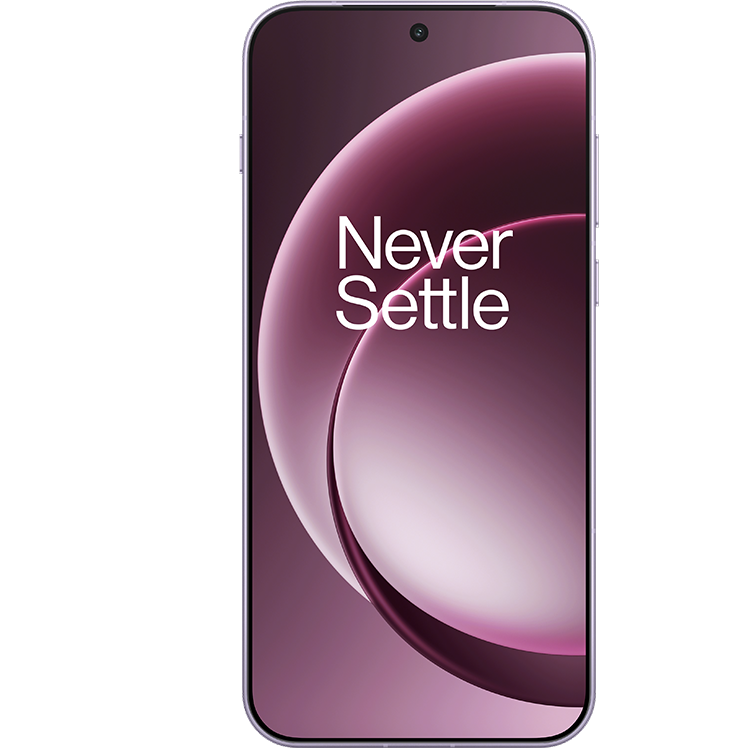 OnePlus-smartphone med vinröd skärm som visar texten "Never Settle" mot en elegant böjd bakgrund i lila toner.