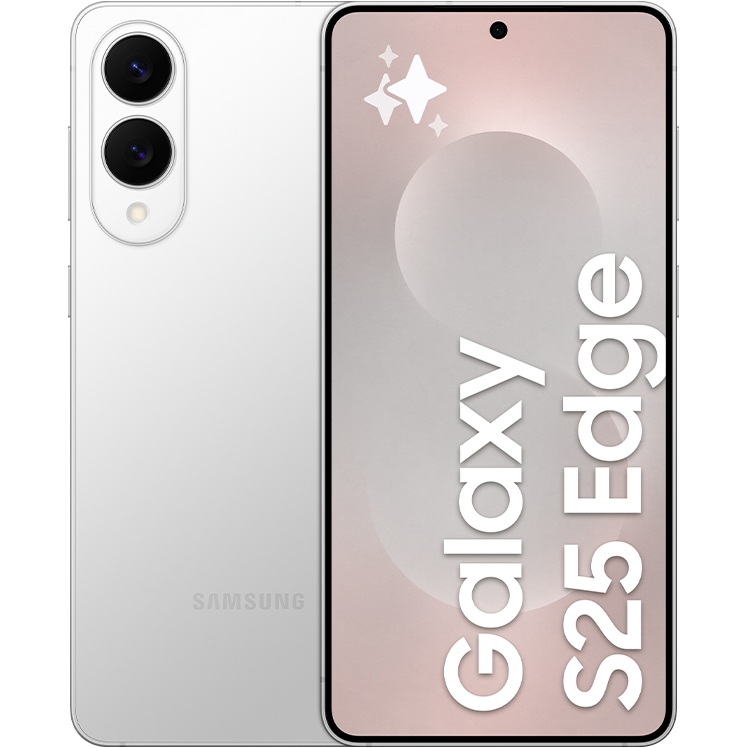 Samsung Galaxy S25 Edge i silver, visad framifrån med skärmtext och bakifrån med dubbla kameror.