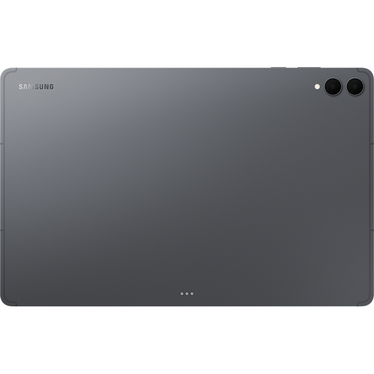 Baksidan av en grå Samsung-surfplatta med två kameralinser i övre högra hörnet och Samsung-logotypen i övre vänstra hörnet.