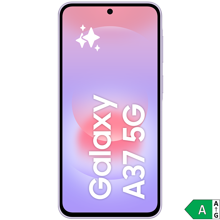 Lila Samsung Galaxy A37 5G-smartphone med rosa-lila skärm och centrerad kamera.