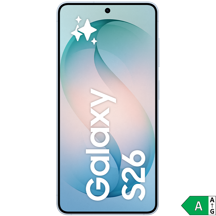 Samsung Galaxy S26 smartphone med pastellfärgad bakgrund och energimärkning A i grönt.