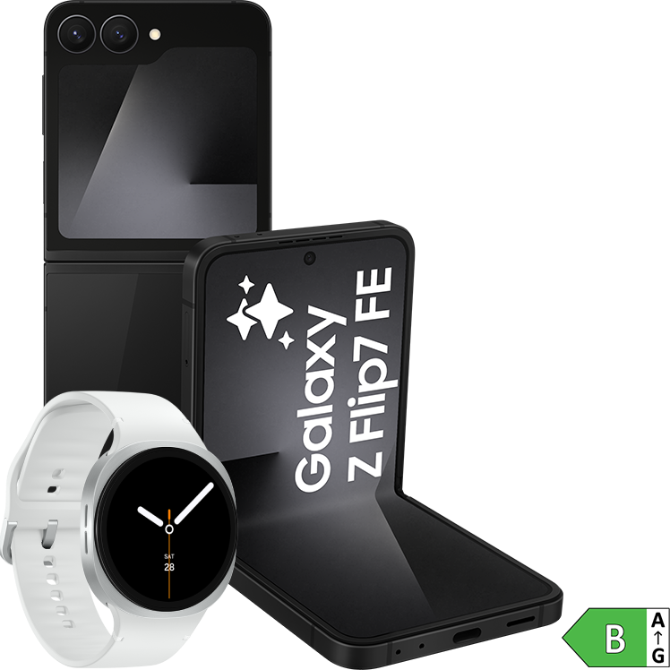 Svart vikbar Samsung Galaxy Z Flip-telefon med dubbla kameror visas öppen bredvid en vit Galaxy smartklocka.