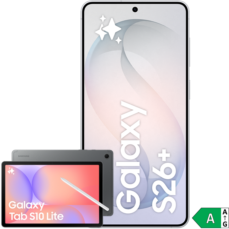 Samsung Galaxy S26+ smartphone i silver tillsammans med Galaxy Tab S10 Lite surfplatta i grå, energiklass A.
