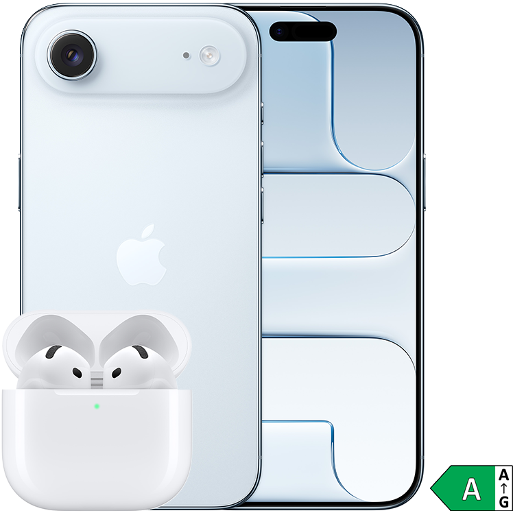 Fram- och baksida på ljusblå iPhone Air med AirPods 4 framför