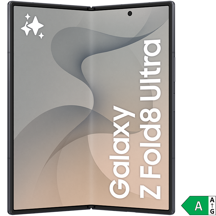 Samsung Galaxy Z Fold8 Ultra vikbar smartphone i svart, öppen och sedd framifrån med energiklass A-märkning.