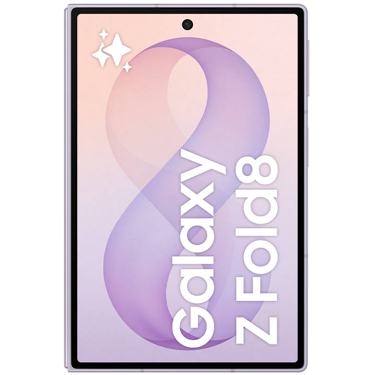 Samsung Galaxy Z Fold8 sedd framifrån med mjukt rosa och lila bakgrund och vit text på skärmen.