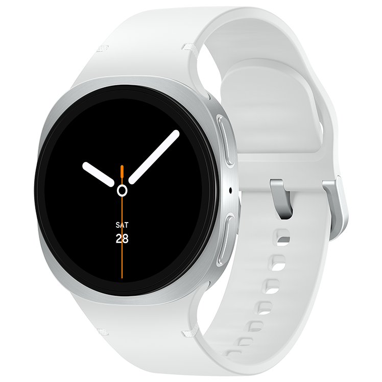 Galaxy Watch8 sett från vänster med rund urtavla, visar tid 10:10 och datum, monterad på ett silverfärgat silikonarmband.