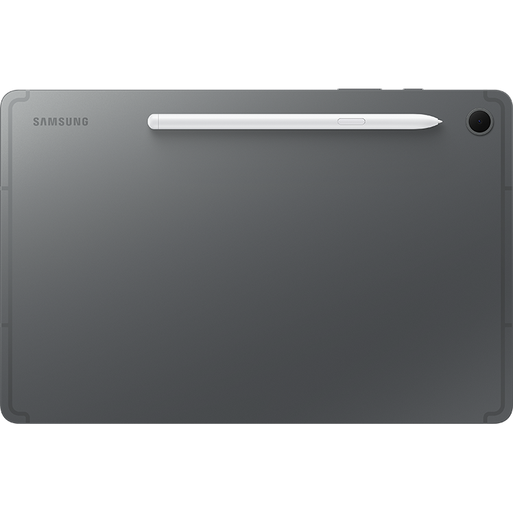 Baksidan av en grå Samsung-surfplatta med en vit penna/stylus fäst på övre kanten och en kameralins i övre högra hörnet.