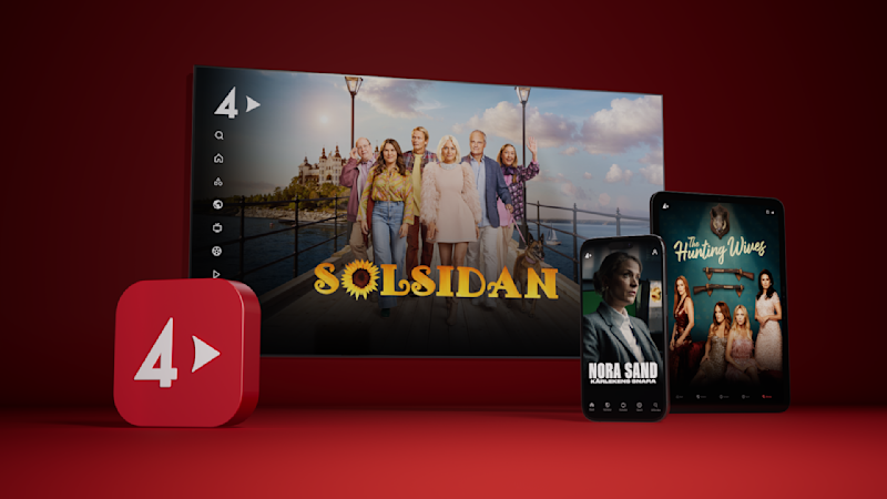 TV-skärm visar serien Solsidan med mobiltelefoner som visar andra program. TV4-logotyp syns på röd bakgrund.