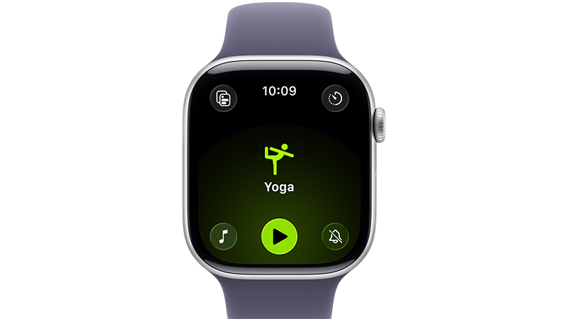 Apple Watch Series 11 med lila armband som visar yogaappen på skärmen med en grön yogasymbol och startknapp mot mörk bakgrund.