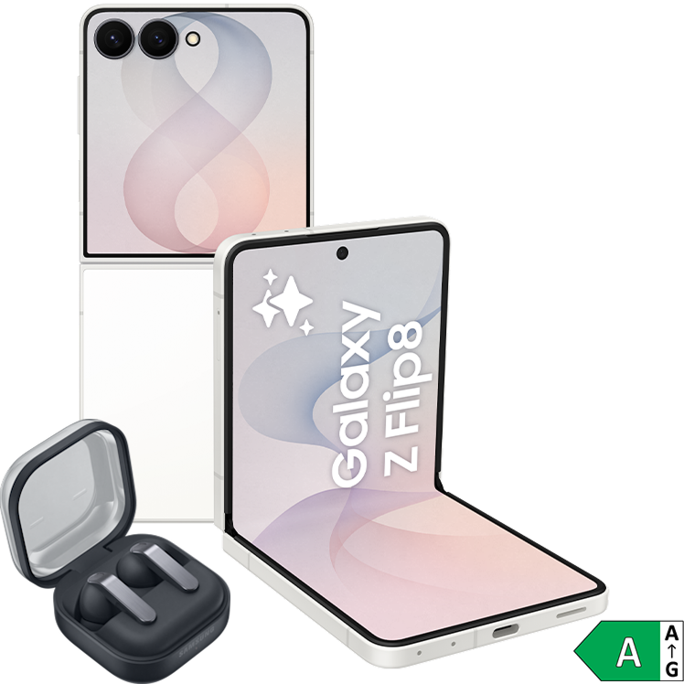 Samsung Galaxy Z Flip8 i vitt, visad hopfälld och uppfälld, med trådlösa hörlurar och energimärkning A.