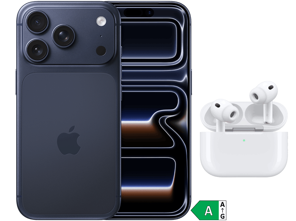 Fram- och baksida av smartphone modell iPhone 17 Pro i mörkblått samt hörlurar modell AirPods Pro 3 i vitt med vitt fodral.