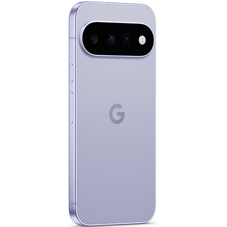 Google Pixel 11 i ljusblå färg, baksidesvy med trippelkamera och Google-logotyp synlig.