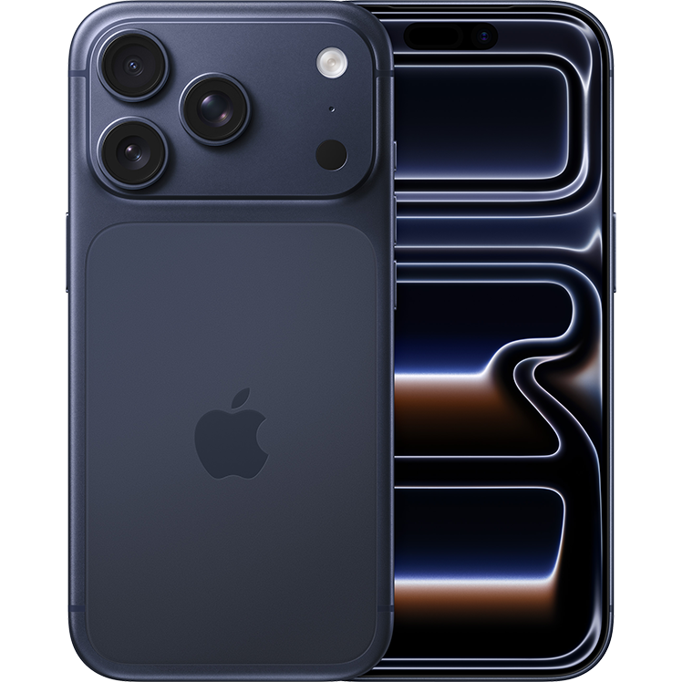Mörkblå iPhone 17 Pro med trippelkamera bredvid en skärm med abstrakt ljusmönster i svart och guld.