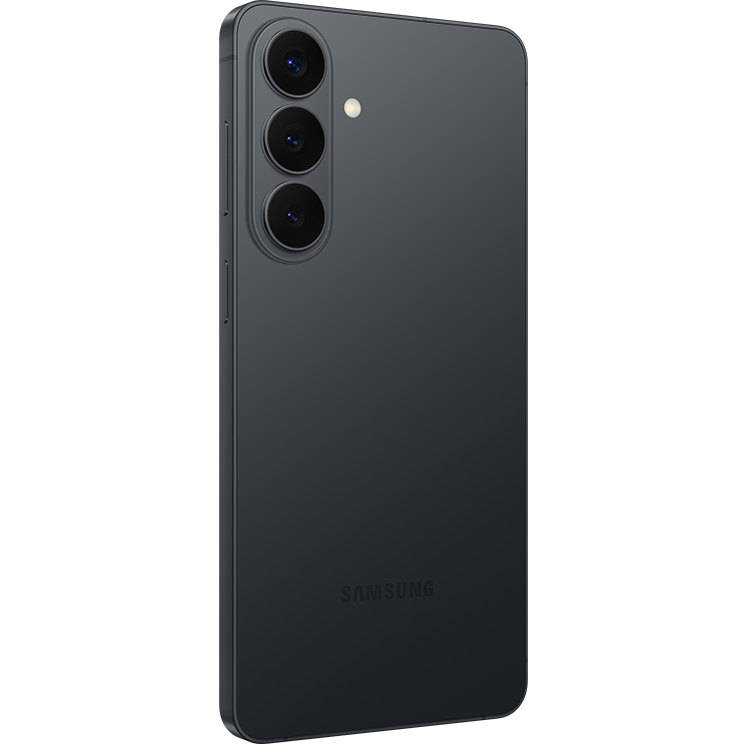 Svart Samsung-smartphone sedd snett bakifrån med tre vertikalt placerade kameralinser i svart på vänster sida.