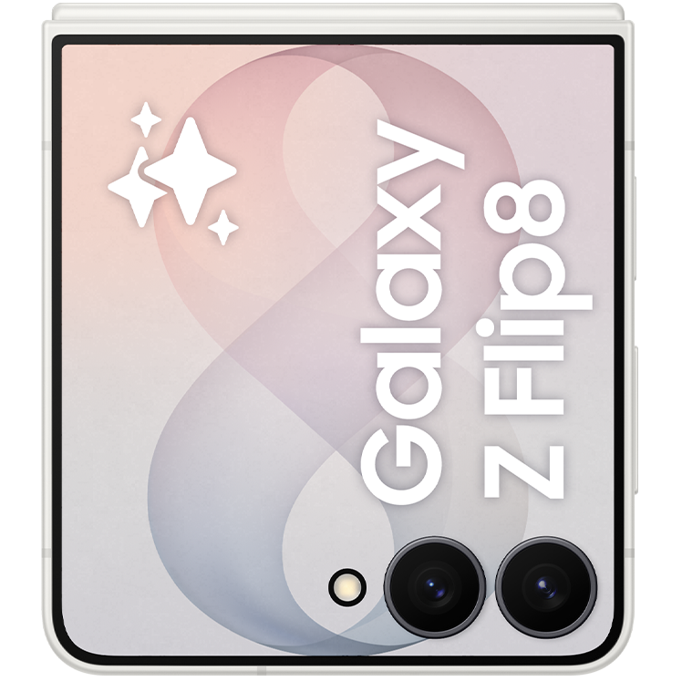 Samsung Galaxy Z Flip6 i vitt med omslagsskärm som visar en rosa-orange design med texten Galaxy Z Flip8.
