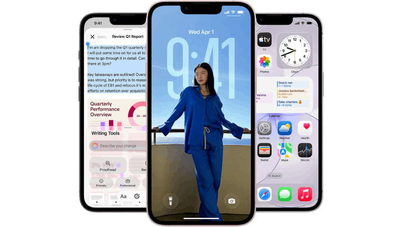 Tre Apple iPhone 17e-mobiler med öppna skärmar som visar olika funktioner. 