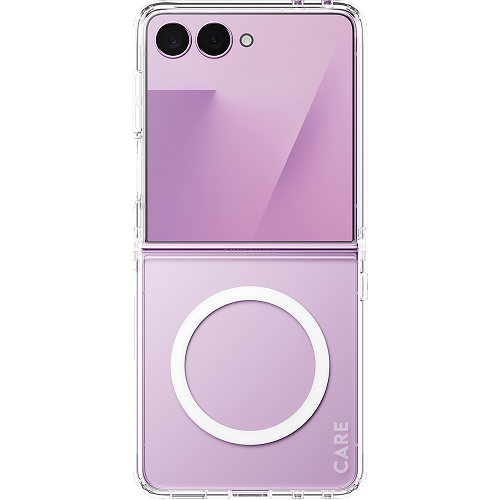 Transparent mobilskal för Samsung Galaxy Z Flip i lila färg med MagSafe-ring och dubbla kameror synliga.