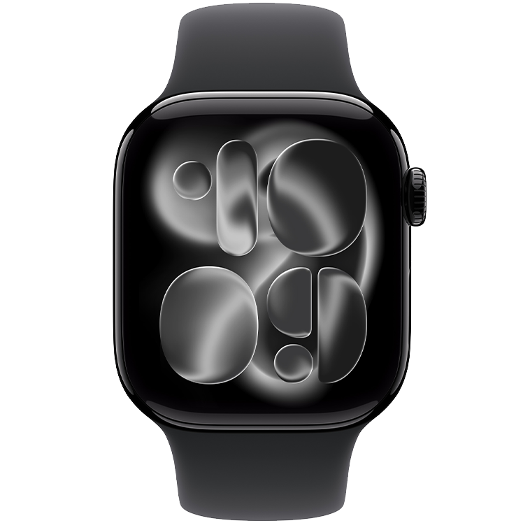 Svart Apple Watch Series 11 med abstrakt grå design på skärmen och matchande svart armband.