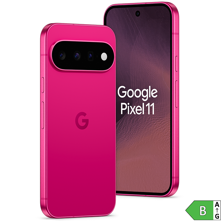 Google Pixel 11 smartphone i rosa färg, visad från bak- och framsida med trippelkamera och energiklass B-märkning.