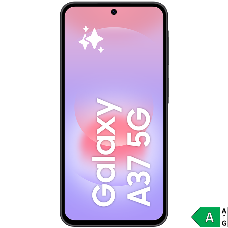 Svart Samsung Galaxy A37 5G-smartphone med rosa-lila skärm, centrerad kamera och energimärkning A.