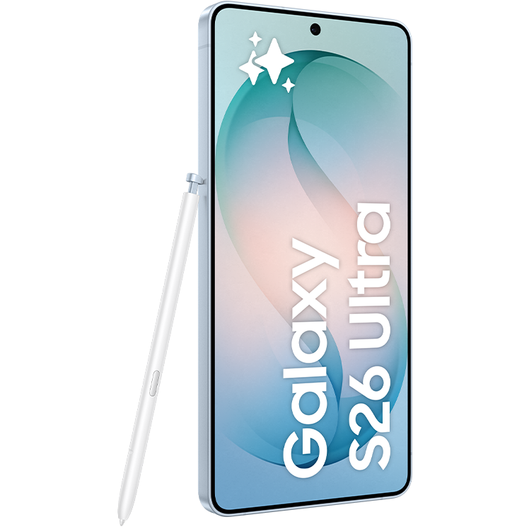 Samsung Galaxy S26 Ultra-smartphone med penna, visar skärm med pastellfärgad bakgrund i blått och rosa med gnistrande stjärnor.