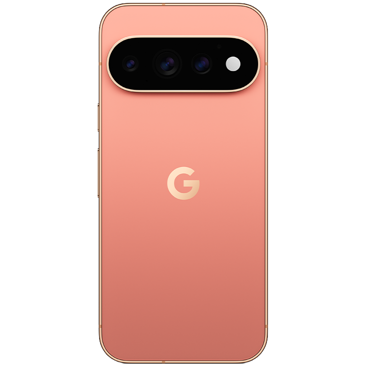 Baksida av rosa Google Pixel 11 Pro med trippelkamera och Google-logotyp i mitten.