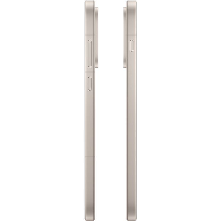 Sidovy av en ljusgrå smartphone som visar båda kanterna med volym- och strömknappar synliga på metallramen.