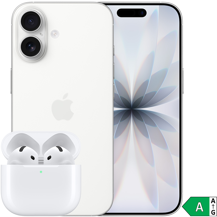 Vit iPhone 17 med fram- och baksida samt AirPods 4 framför. 