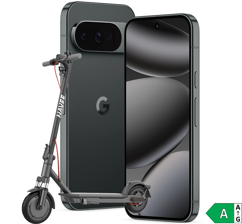 En mörkgrön Google Pixel 10 Pro smartphone visas framifrån och bakifrån, tillsammans med en svart elektrisk sparkcykel från Navee.