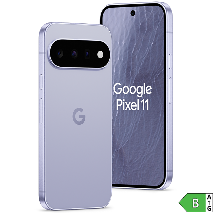 Google Pixel 11 smartphone i ljusblå färg, visad från bak- och framsida med trippelkamera och energiklass B-märkning.