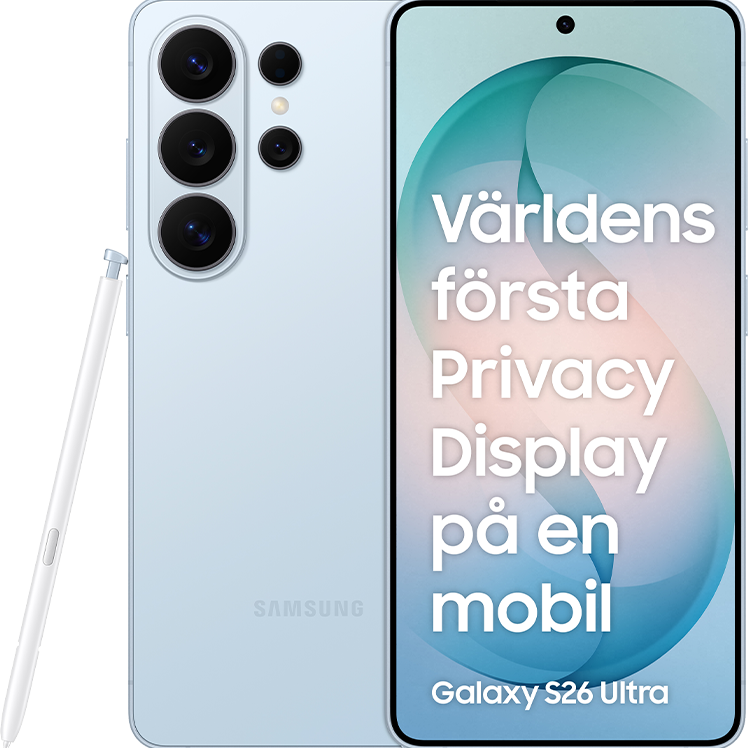 Ljusblå Samsung Galaxy S26 Ultra med penna, visar "Världens första Privacy Display på en mobil" på skärmen.