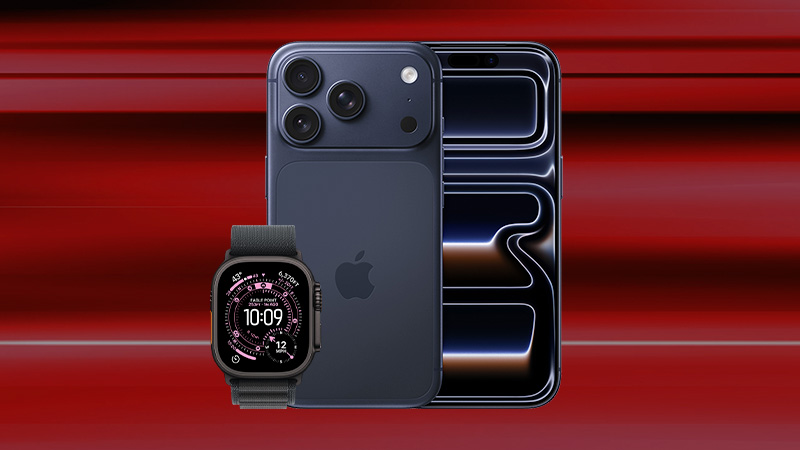 iPhone 17 Pro med Watch Ultra 3 mot röd bakgrund