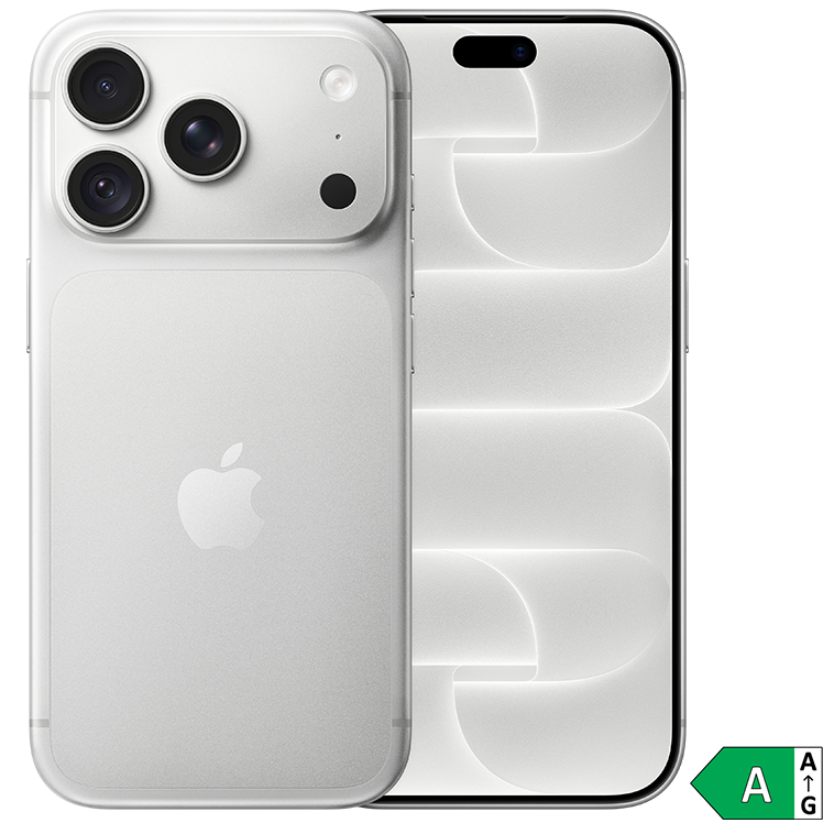 iPhone 18 Pro i vit titanfärg visad framifrån och bakifrån, med trippelkamera och energiklass A-märkning.