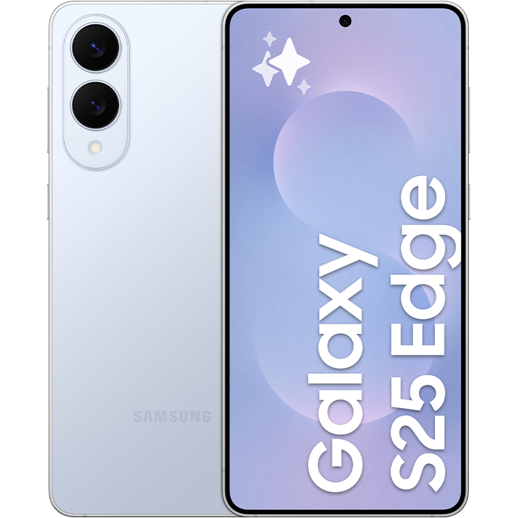 Samsung Galaxy S25 Edge i färgen Jet Black sedd rakt framifrån. Skärmen visar texten 'Galaxy S25 Edge' i vitt på en mörk bakgrund. Frontkameran är centrerad högst upp.