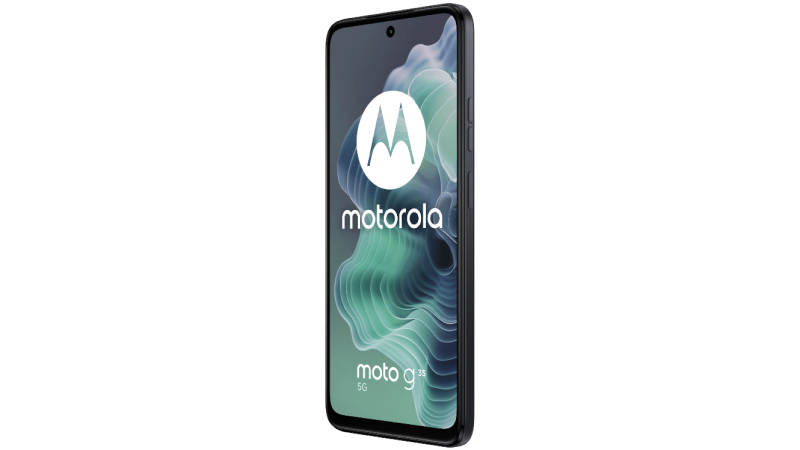 En svart Motorola moto G35 5G-smartphone visad från sidan med Motorola-logotypen och vågformade gröna mönster på skärmen.