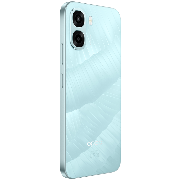 OPPO-smartphone i ljusblått med mönstrad baksida och dubbla kameror, visad från sidan.