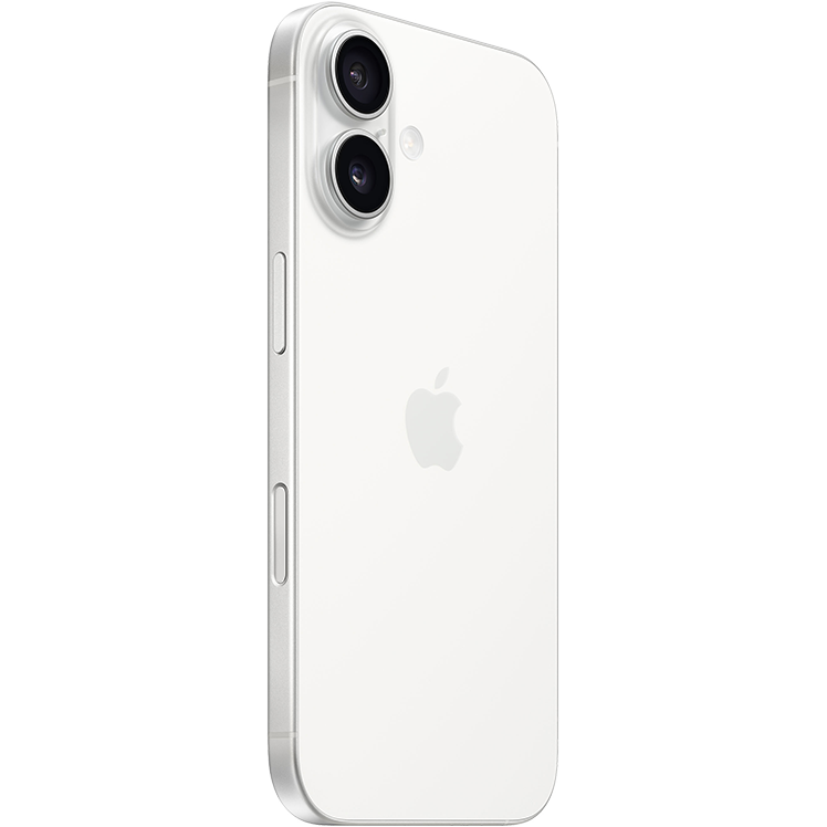 iPhone 16, vit, detaljer av skärm och rundade hörn i metall, knapp i skärmens ram, utskärning för främre kamera
