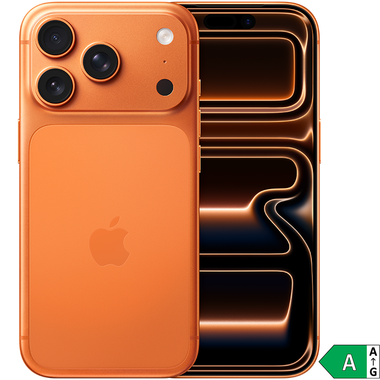 Orange iPhone 17 Pro med tre kameror på baksidan bredvid framsidan med en abstrakt bakgrund med lysande linjer. Energimärkning A visas.