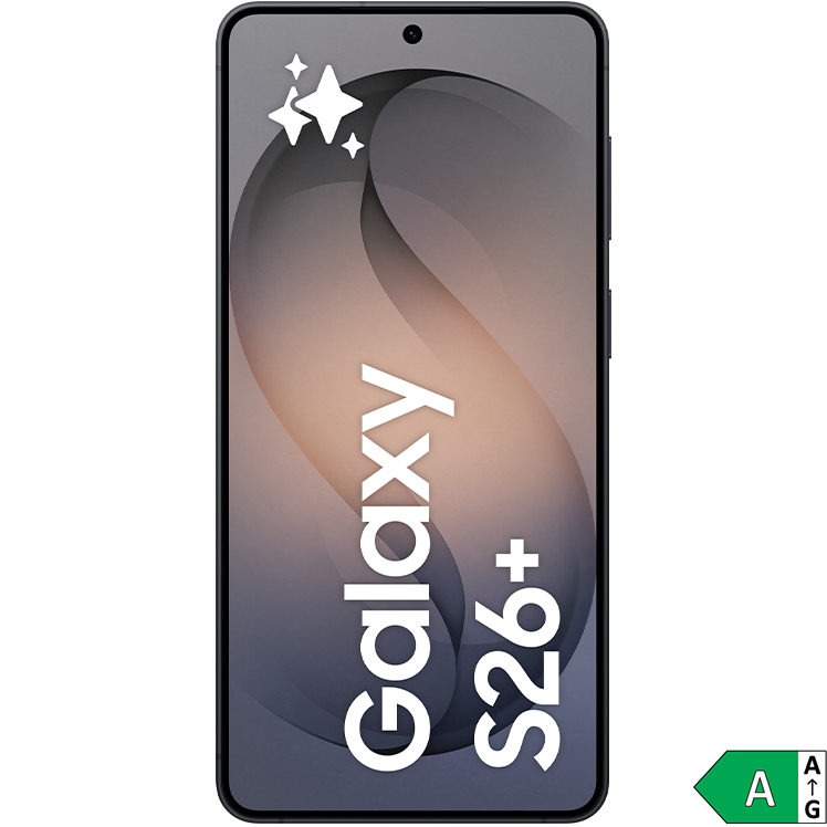 Samsung Galaxy S26+ smartphone med pastellfärgad bakgrund och energimärkning A i grönt.